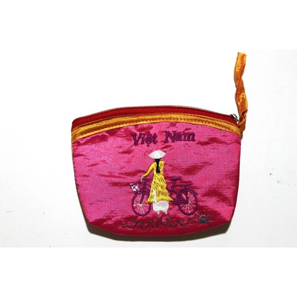 Satin Coin Purse Jewelry Organizer Small Embroidered Viet Nam Woman's 5" x 4" - Picture 1 of 3